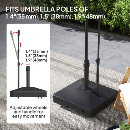 Outsunny Garden Parasol Base with Adjustable Wheels and Handle, Garden Sun Umbrella Base Parasol Stand, Filled Up to 55kg with Stand, 45kg with Water for 35, 38, 48 mm Poles, Black
