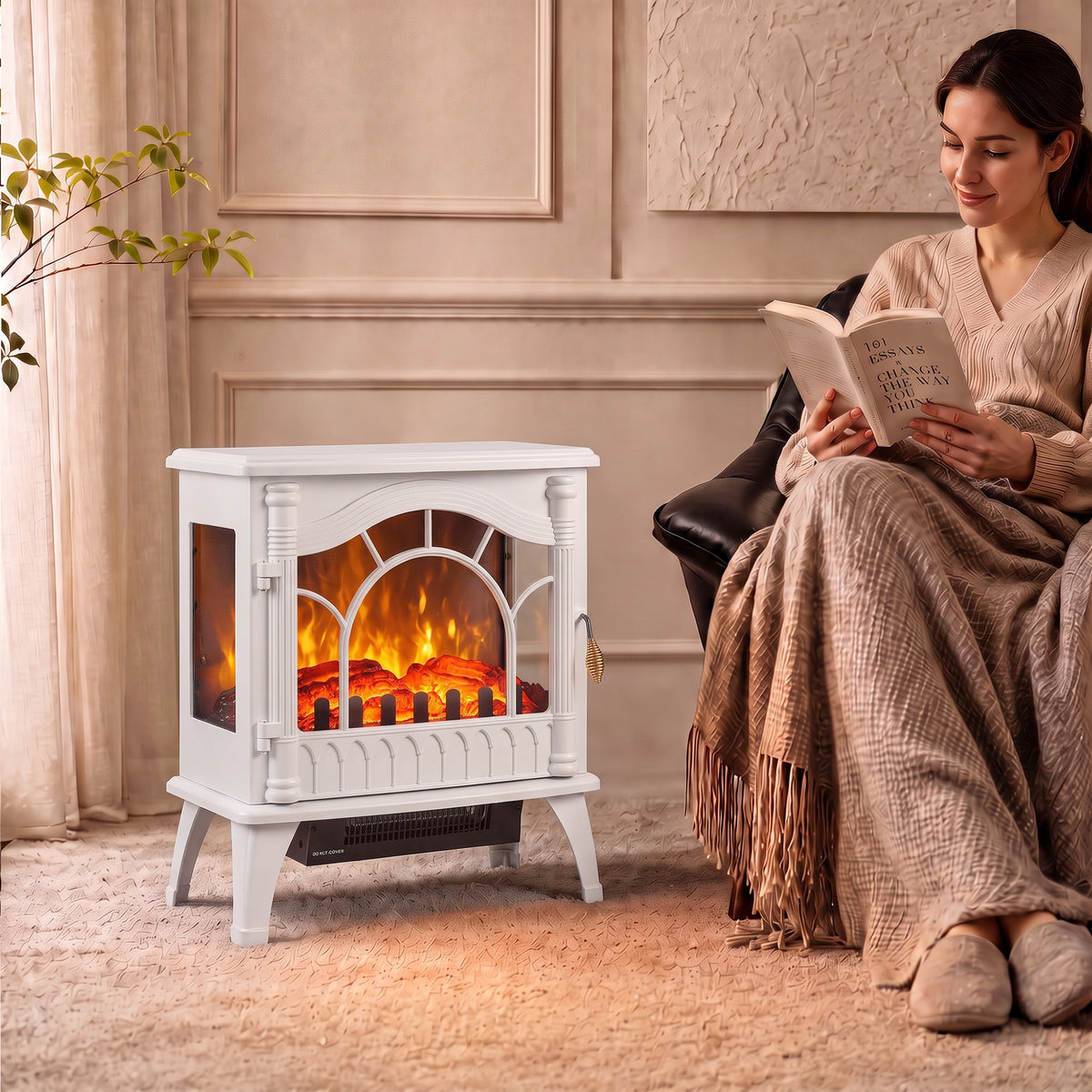 HOMCOM 3-Sided Glass Electric Fire Fan Heater in White