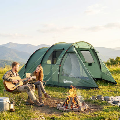 Outsunny Two Room Tunnel Tent Camping Tent for 3 Man with Windows, Covers, Carry Bag, for Fishing, Hiking, Sports, Green