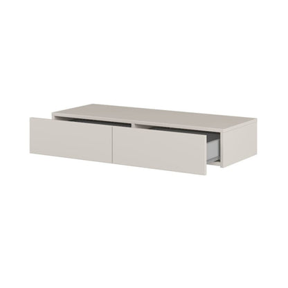 Light gray TV stand with two drawers on a white background