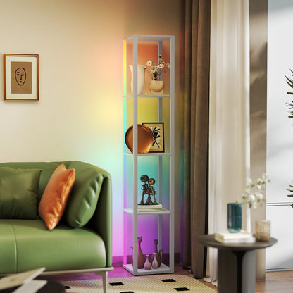 HOMCOM RGB LED Floor Lamp with Shelves, Modern Dimmable Standing Lamp with Remote Control, Adjustable Brightness & Speed for Living Room, Bedroom, Office, Grey