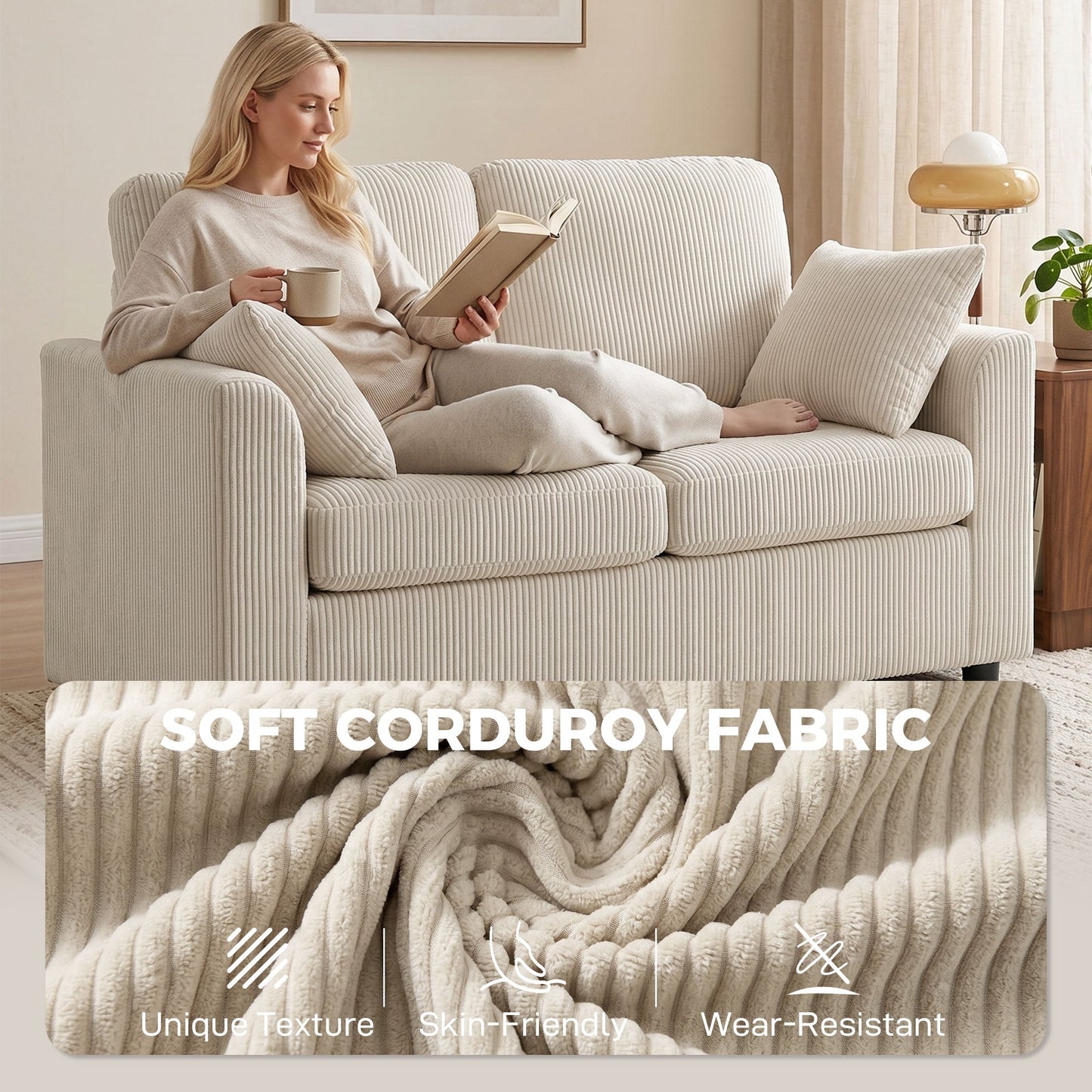 HOMCOM 2 Seater Sofa, Corduroy Small Couch with Spring Cushion, Wide and Deep Seat, Beige