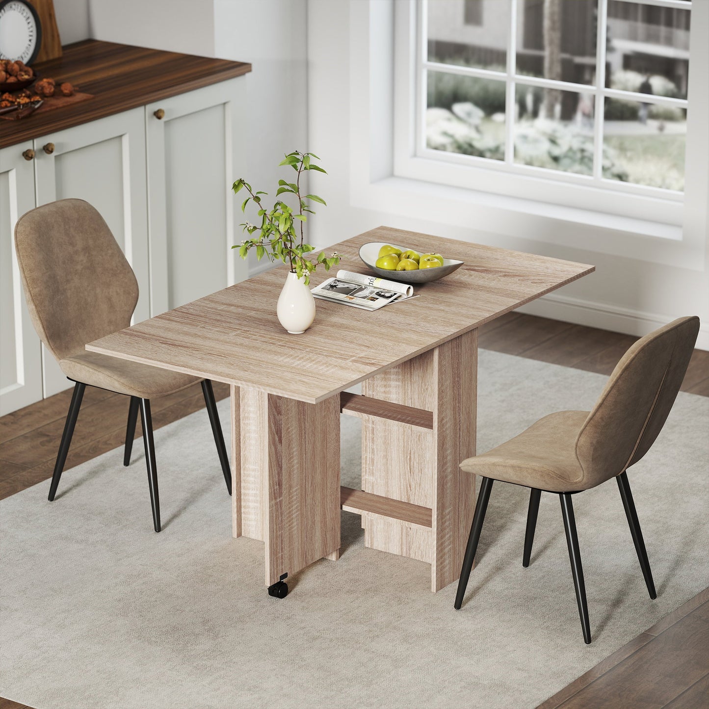 HOMCOM Dining Table Set, Folding Kitchen Table with Storage Shelves, 2 Velvet Upholstered Chairs, Natural Wood Finish and Light Brown