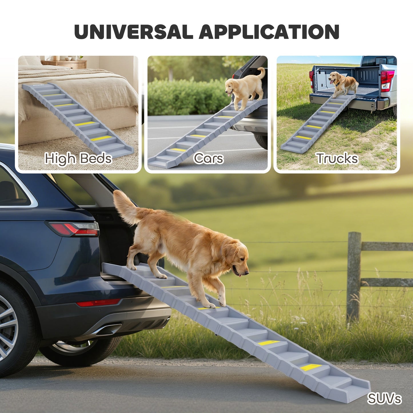 PawHut Dog Car Ramp with Anti-Slip Steps, 10-Steps Pet Stairs for Pets to Access Cars and High Beds, Grey