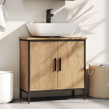 HOMCOM Bathroom Vanity Unit, Under Sink Storage Cabinet with 2 Doors, Adjustable Shelf for Basin without or with Pedestal, Oak