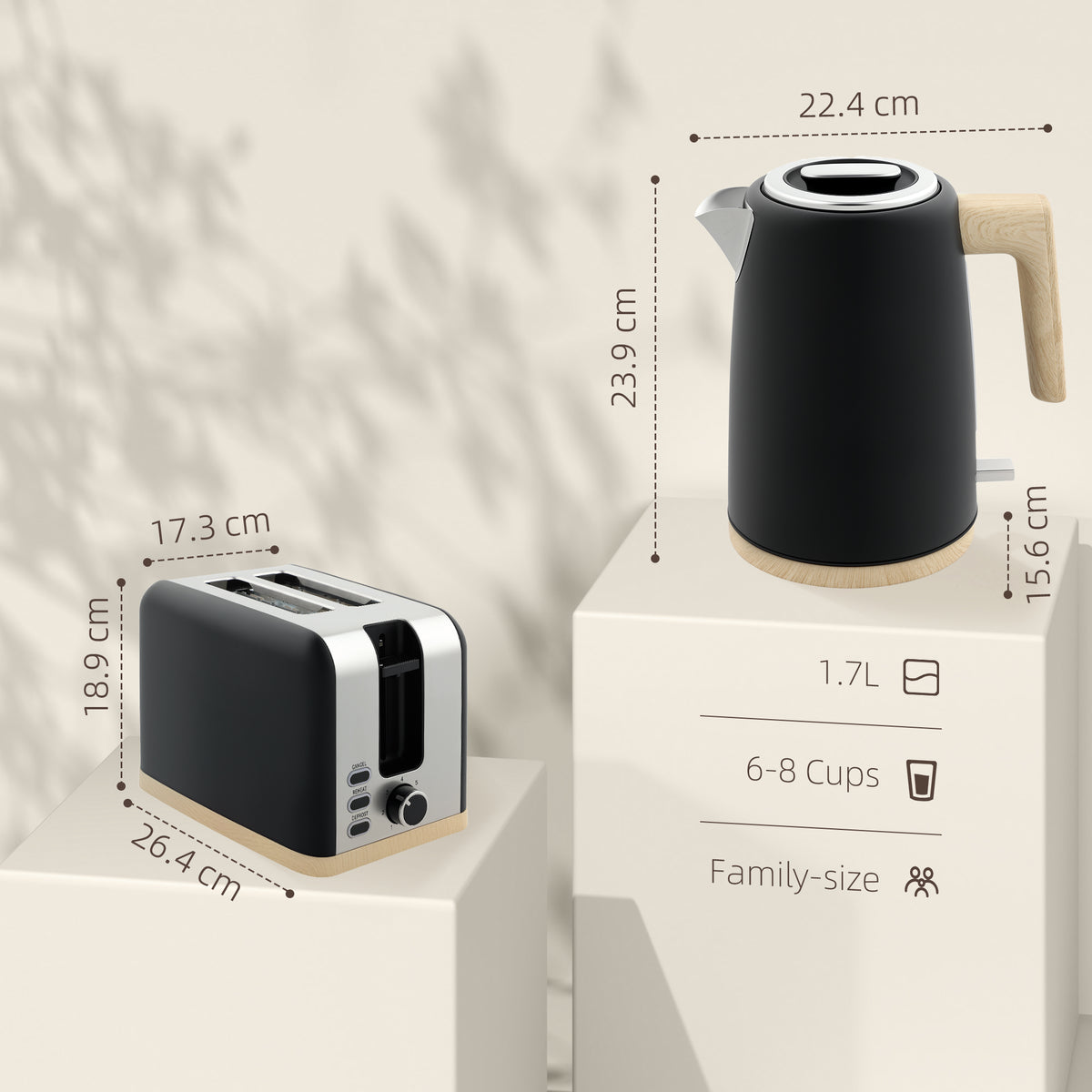 HOMCOM Stainless Steel Kettle and Toaster Set in Black