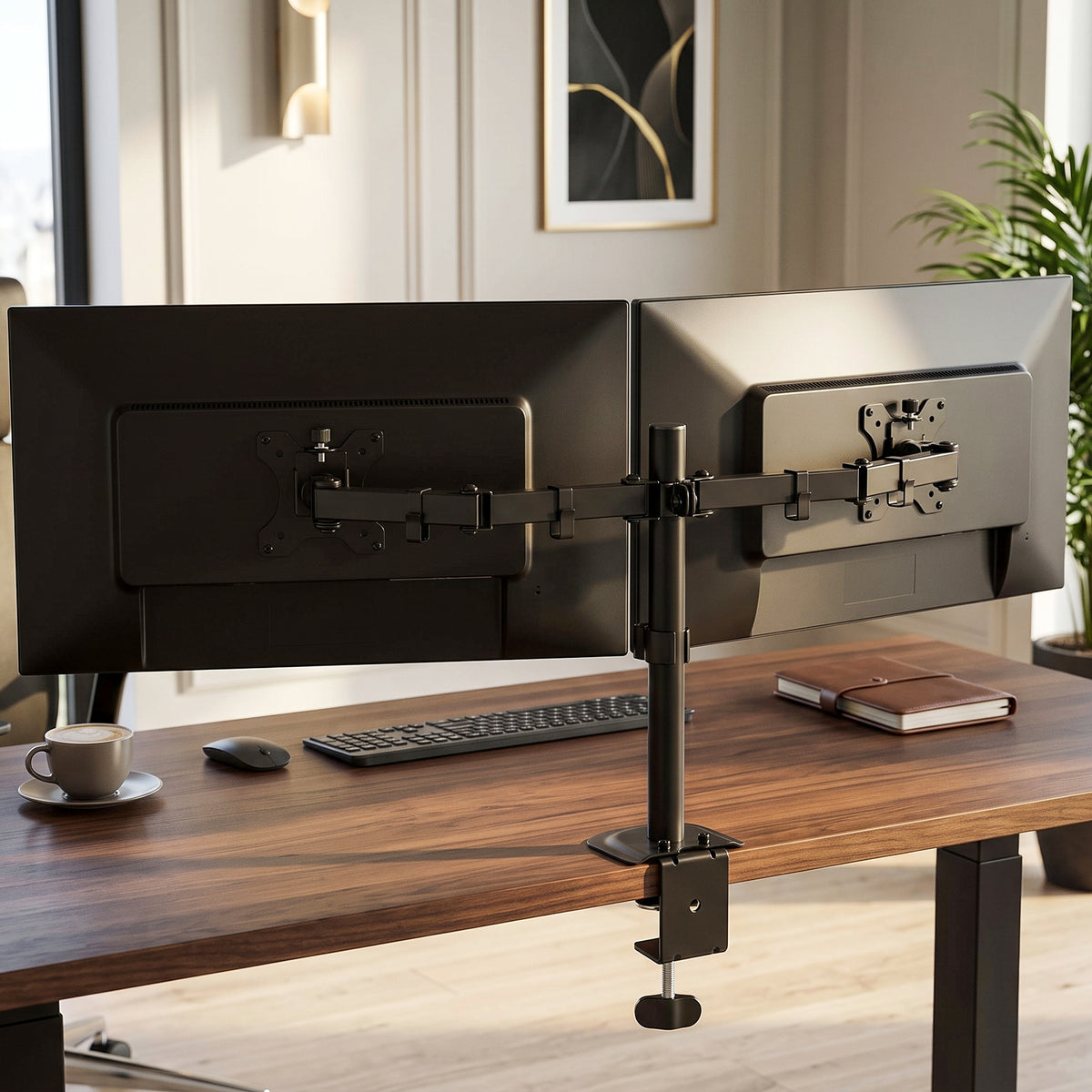 HOMCOM Dual Monitor Stand for 2 Screens up to 32", Height Adjustable Monitor Riser with Tilt, Swivel & 360° Rotation