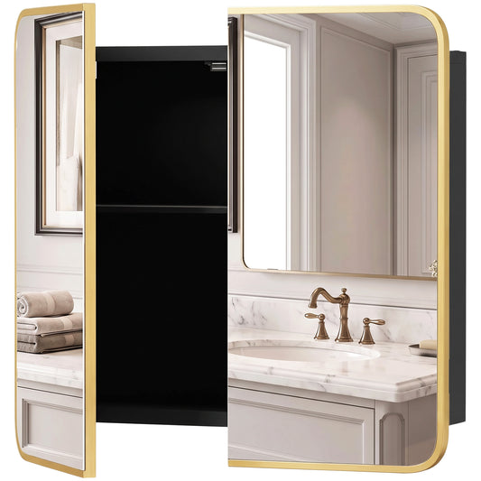HOMCOM Bathroom Medicine Mirror Cabinet, Bathroom Wall Cabinet with Storage, Magnetic Doors and Adjustable Shelf, Natural
