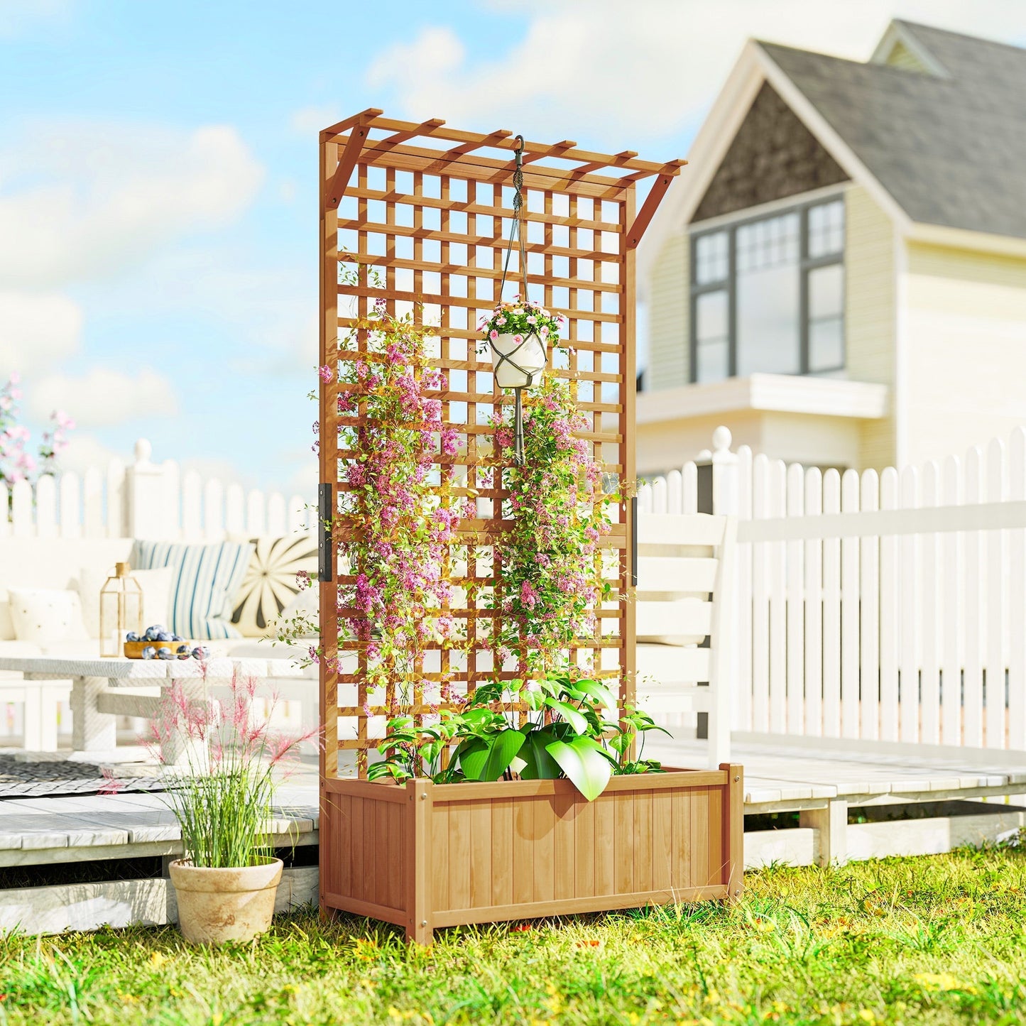 Outsunny Raised Bed with Drainage Holes, Wood Planter with Trellis for Climbing Plants to Grow Vegetables, Flowers, Yellow