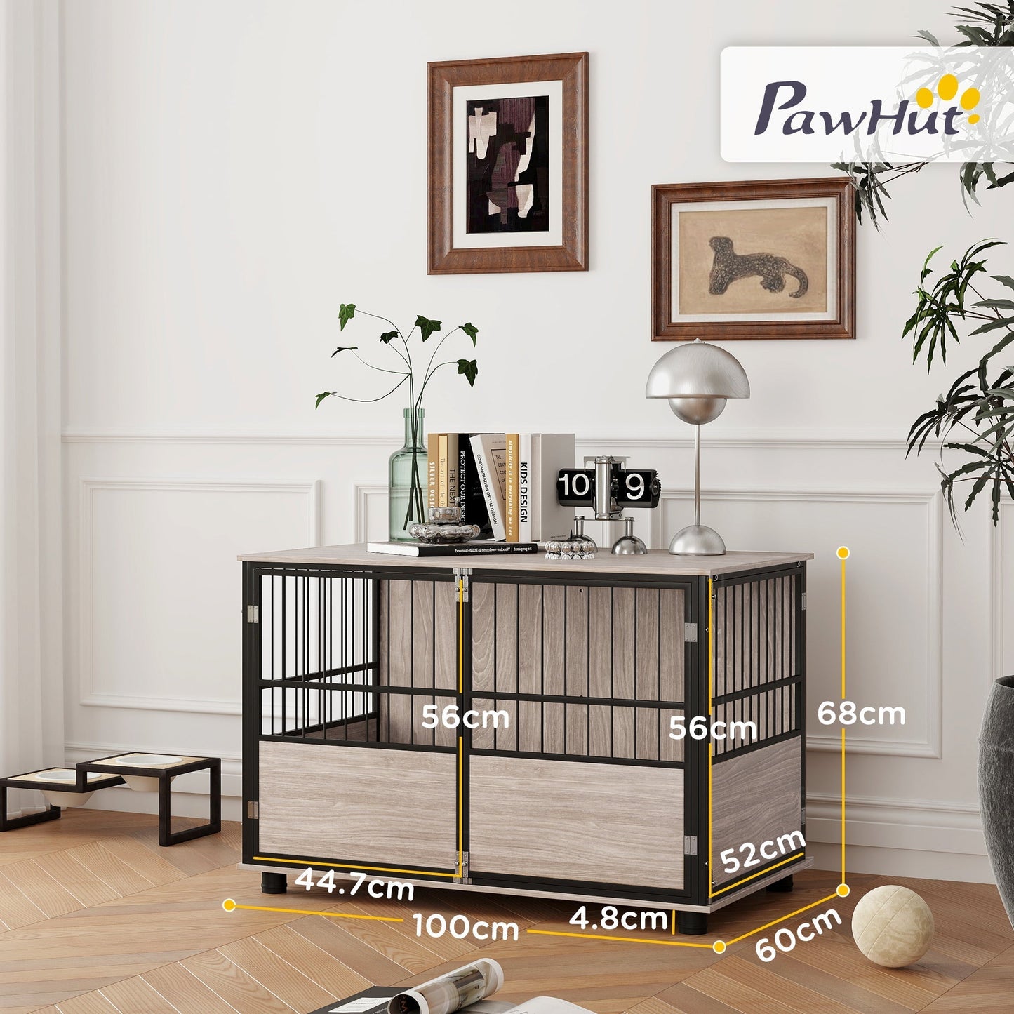 PawHut 100 سم قفص كلاب بتصميم أثاث طاولة جانبية للكلاب للاستخدام الداخلي مع 3 أبواب ووسادة ناعمة قابلة للغسل، للكلاب الكبيرة