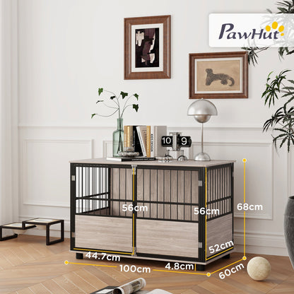 PawHut 100 سم قفص كلاب بتصميم أثاث طاولة جانبية للكلاب للاستخدام الداخلي مع 3 أبواب ووسادة ناعمة قابلة للغسل، للكلاب الكبيرة