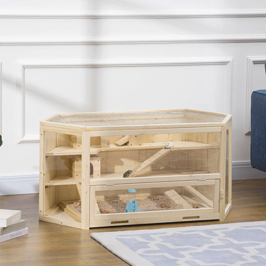 PawHut 3 Tier Wooden Large Hamster Cage in Natural Wood