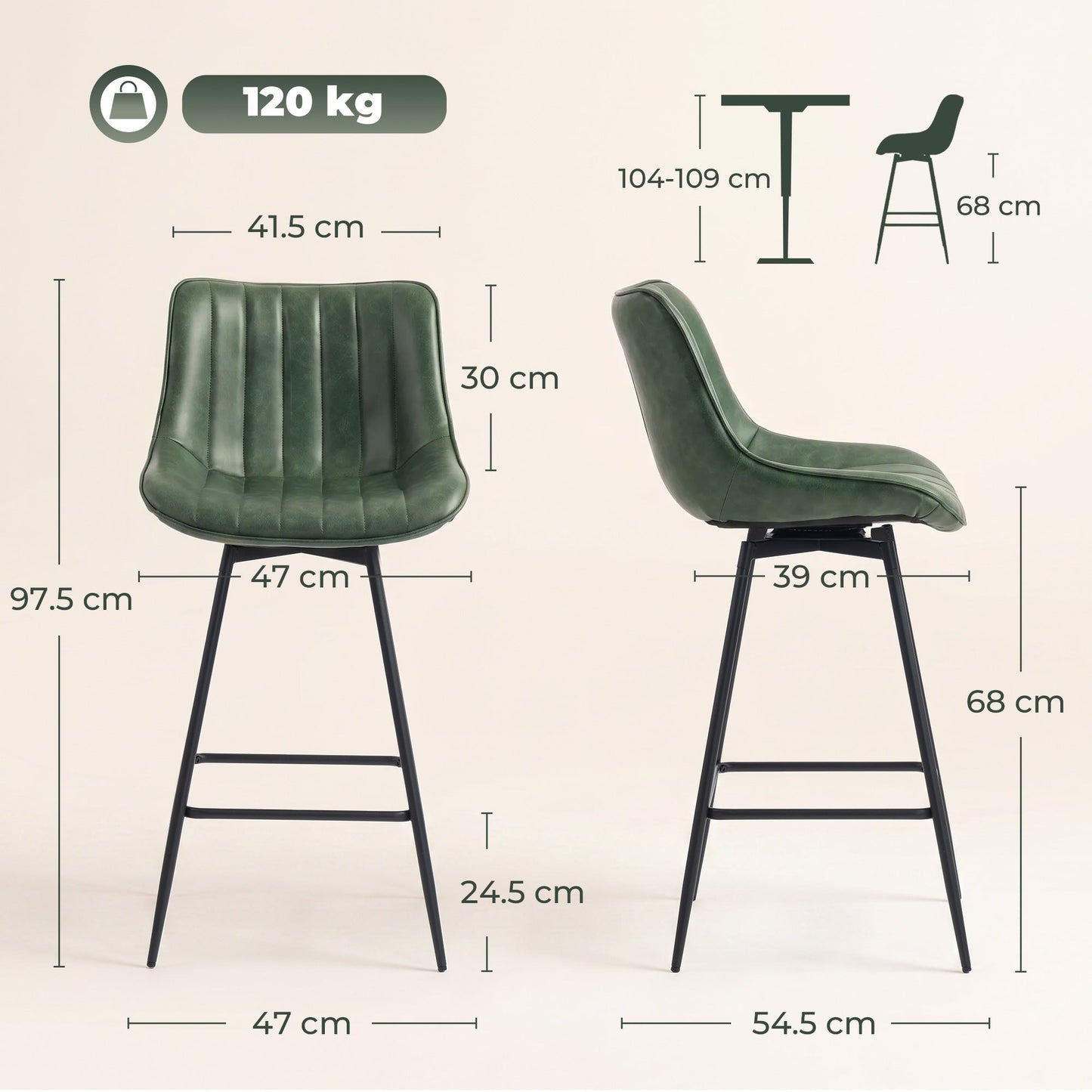 HOMCOM Set of 2 PU Leather Swivel Bar Stools - Dark Green