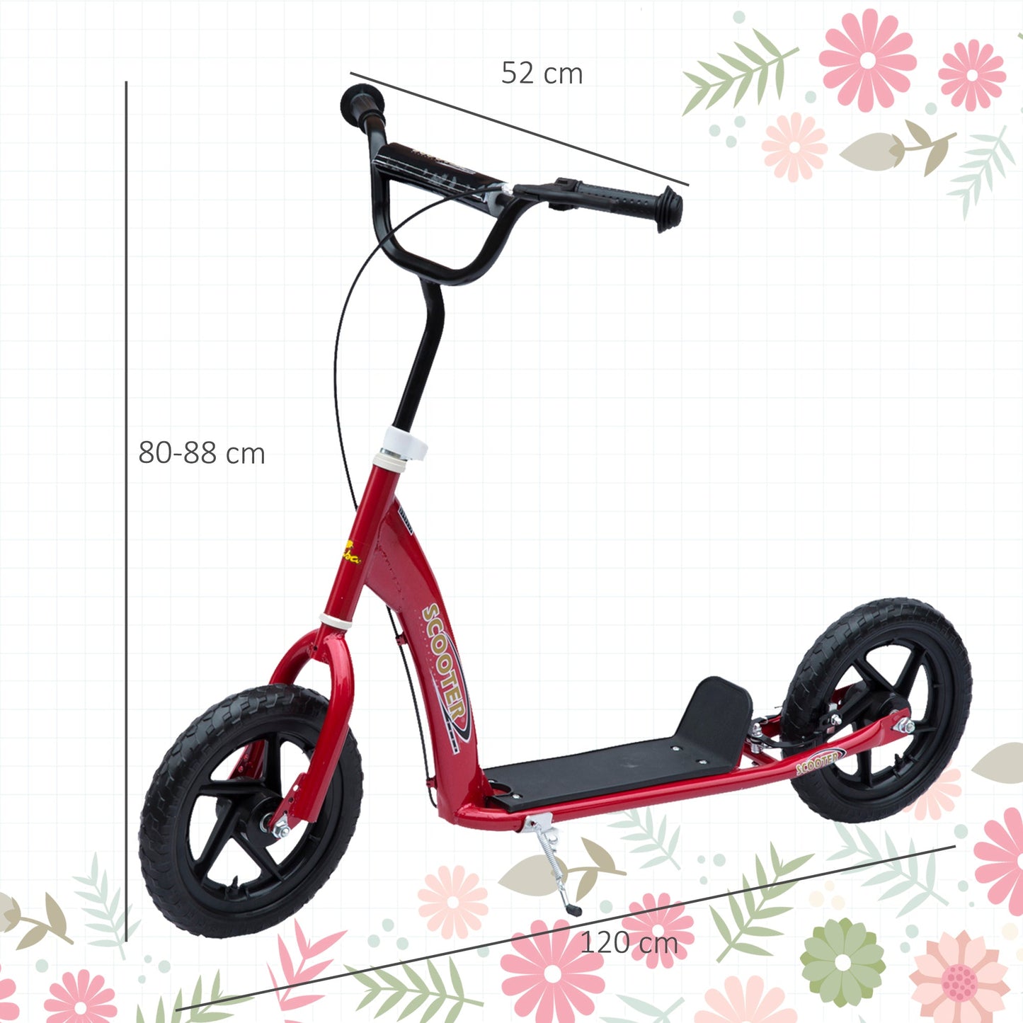 HOMCOM Kids Scooter Kick Scooter, with 12" EVA Tyres, Rear Brake, Big Wheels Scooter for 5-12 Years, Red