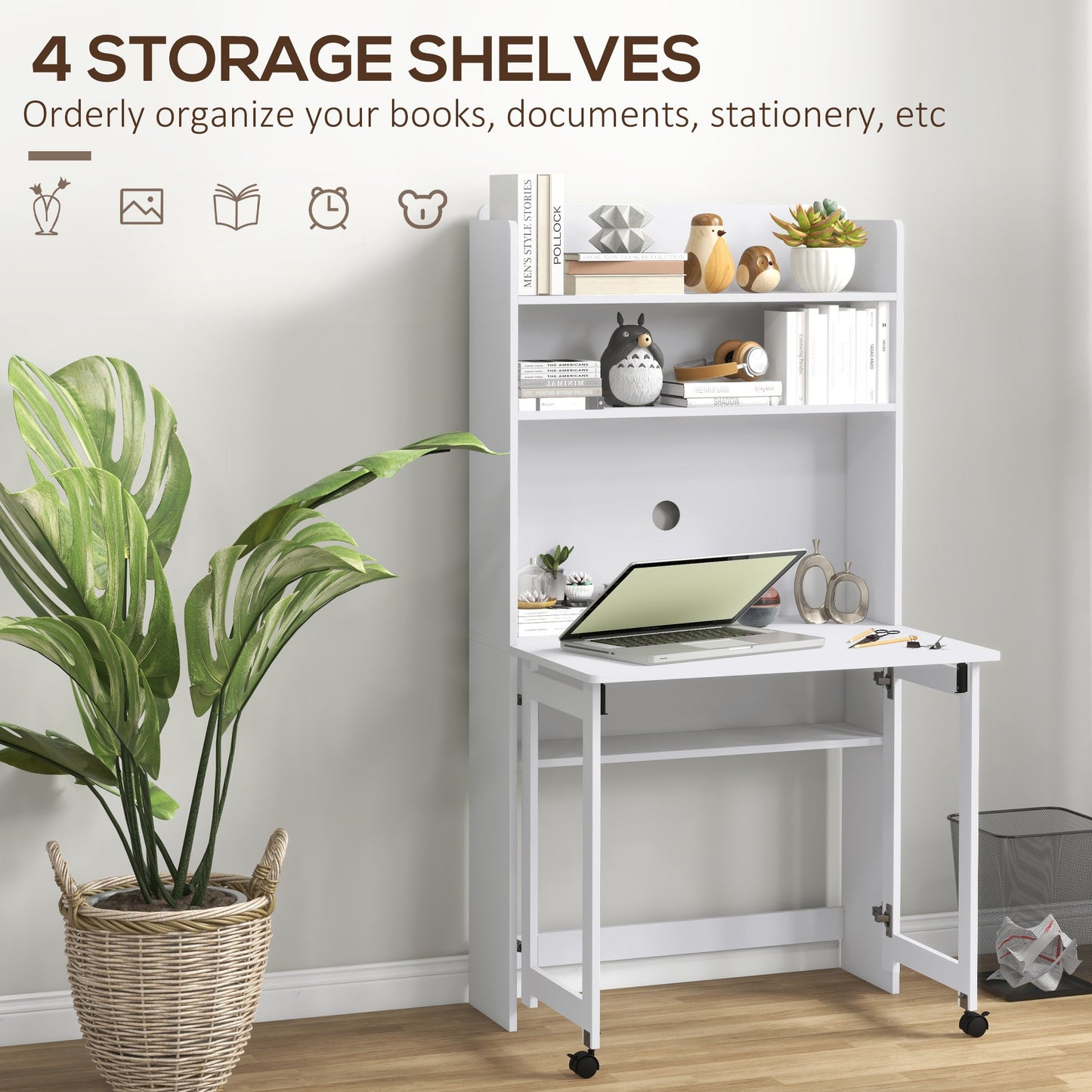 HOMCOM Foldable Desktop, Computer Desk with Storage Shelves, 80 x 69 x 155 cm, White