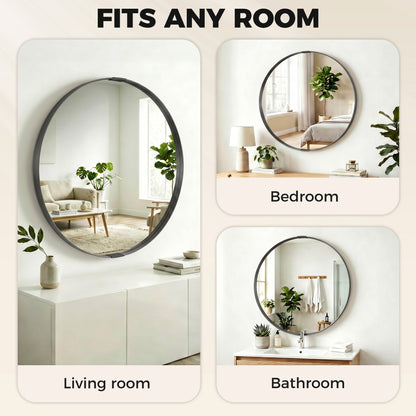 HOMCOM Round Wall Mirror 61 cm, Wall Mounted Bathroom Mirror with Tempered Safety Glass and Aluminium Alloy Frame, Black