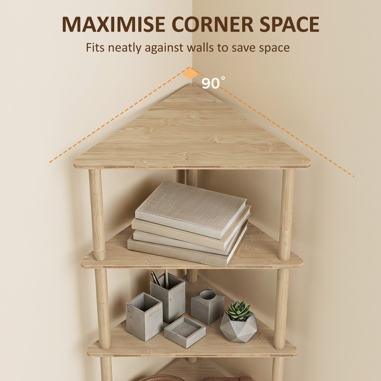 HOMCOM Bamboo Storage Shelf, 5-tier Corner Shelf, Freestanding Shelving Unit for Living Room, Home Office, Natural Wood Finish