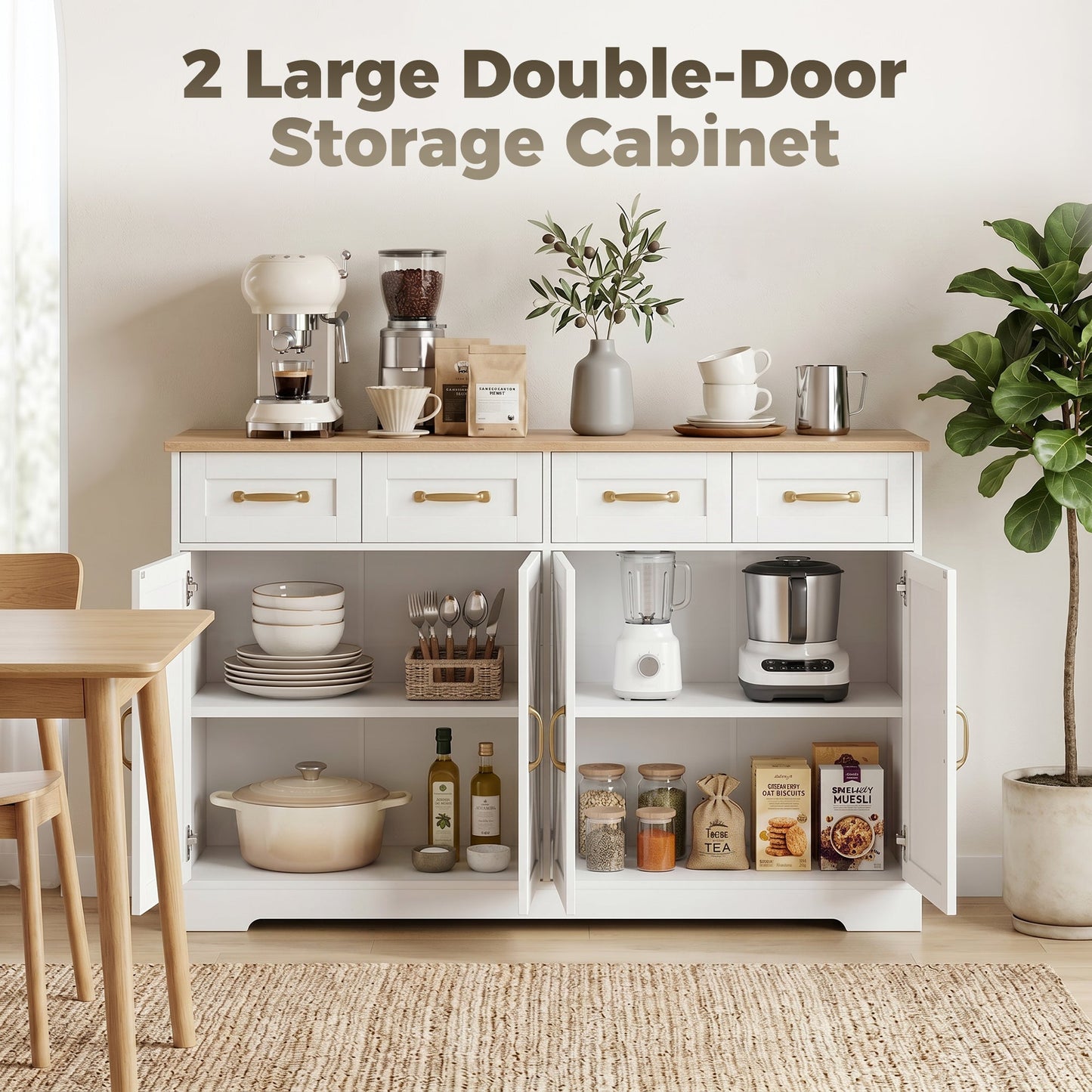 HOMCOM Sideboard Buffet Cabinet, 140 cm Kitchen Storage Cabinet with 4 Drawers, 4 Doors and 2 Adjustable Shelves, White