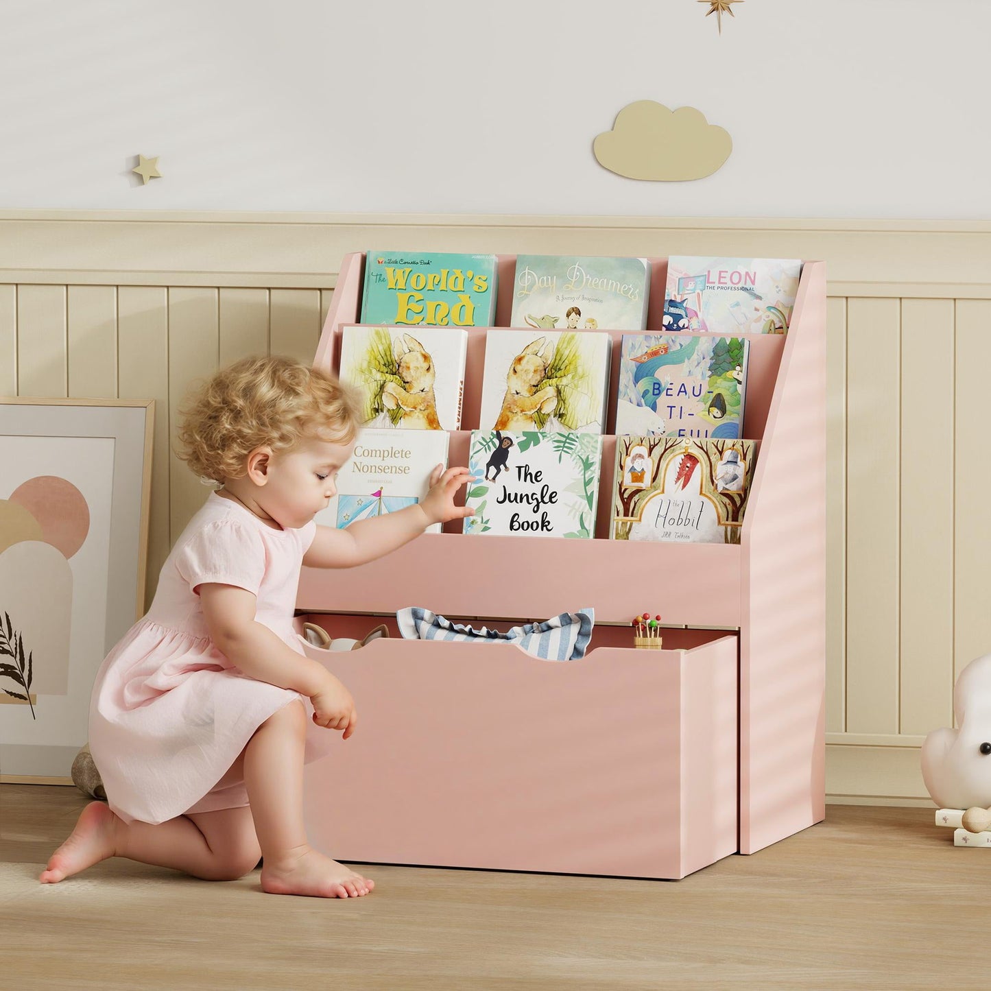 AIYAPLAY Bookcase for Kids with Shelves, Drawer, Bookcase for Bedroom, Playroom, Pink
