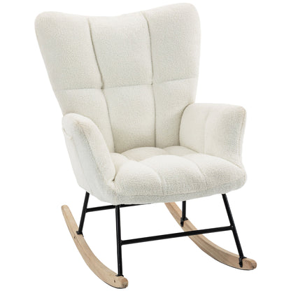 HOMCOM Rocking Chair, Teddy Fleece Rocker Chair with Tufted Wingback, Side Pockets, Rubber Wood Legs, Cream White