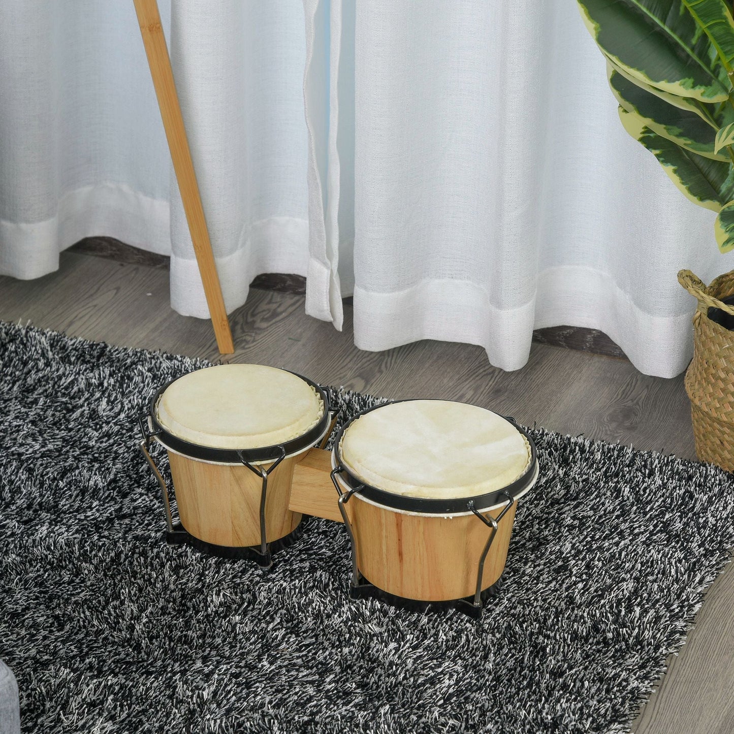 HOMCOM Wooden Bongo Drum Set a7.75" & a7" w/ Drum Head, Percussion Instrument, Drums, Tuning Wrench For Adults Beginners