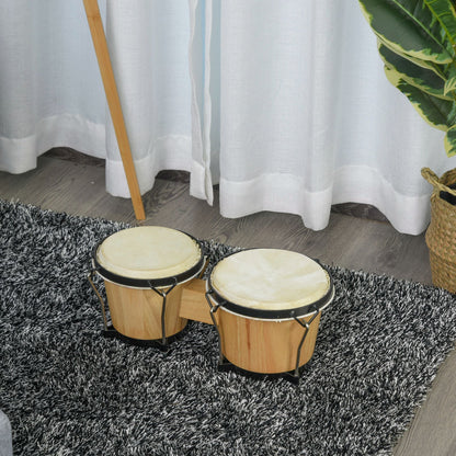 HOMCOM Wooden Bongo Drum Set a7.75" & a7" w/ Drum Head, Percussion Instrument, Drums, Tuning Wrench For Adults Beginners