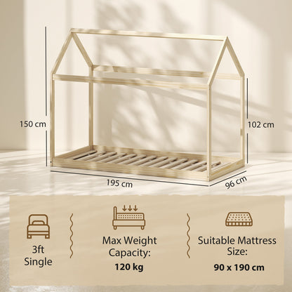 HOMCOM Single Bed Frame, House Scandinavian Wooden Bed Frame for 90W x 190Dcm Mattress, Pine Wood Bed Base, Natural Wood Finish