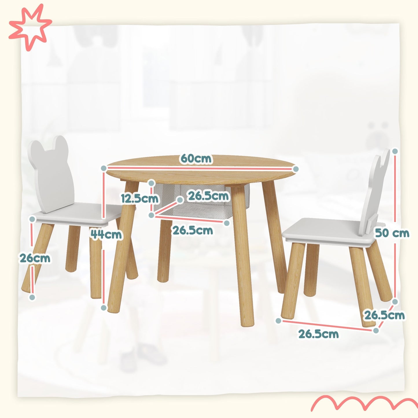 AIYAPLAY 3-Piece Kids Activity Table Set with Centre Mesh Bag, Bear-Shaped Backrest, for Arts and Crafts, Reading, Dining