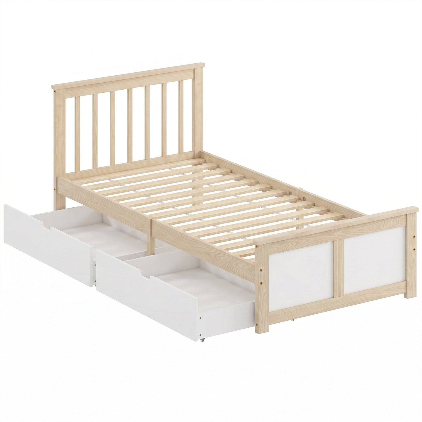HOMCOM Pine Storage Bed, 3ft Single Solid Wooden Bed Frame with Drawers, Headboard, Wood Slat Support, Natural Wood Finish