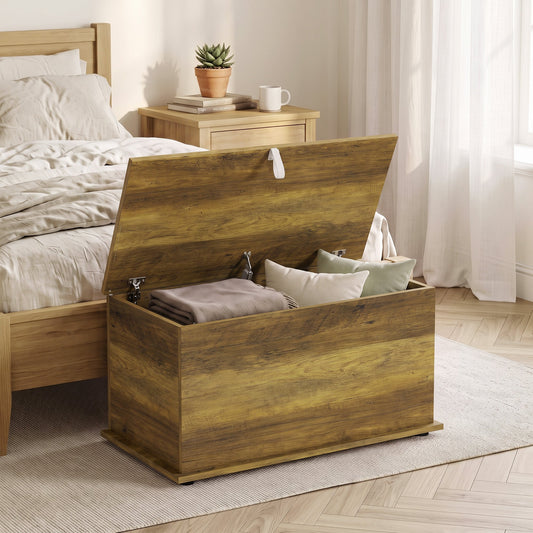 HOMCOM Storage Chest, 102L Blanket Box, Shoe Bench with Safety Hinged Lid, Bed End Bench for Bedroom, 80 x 40 x 45cm, Brown