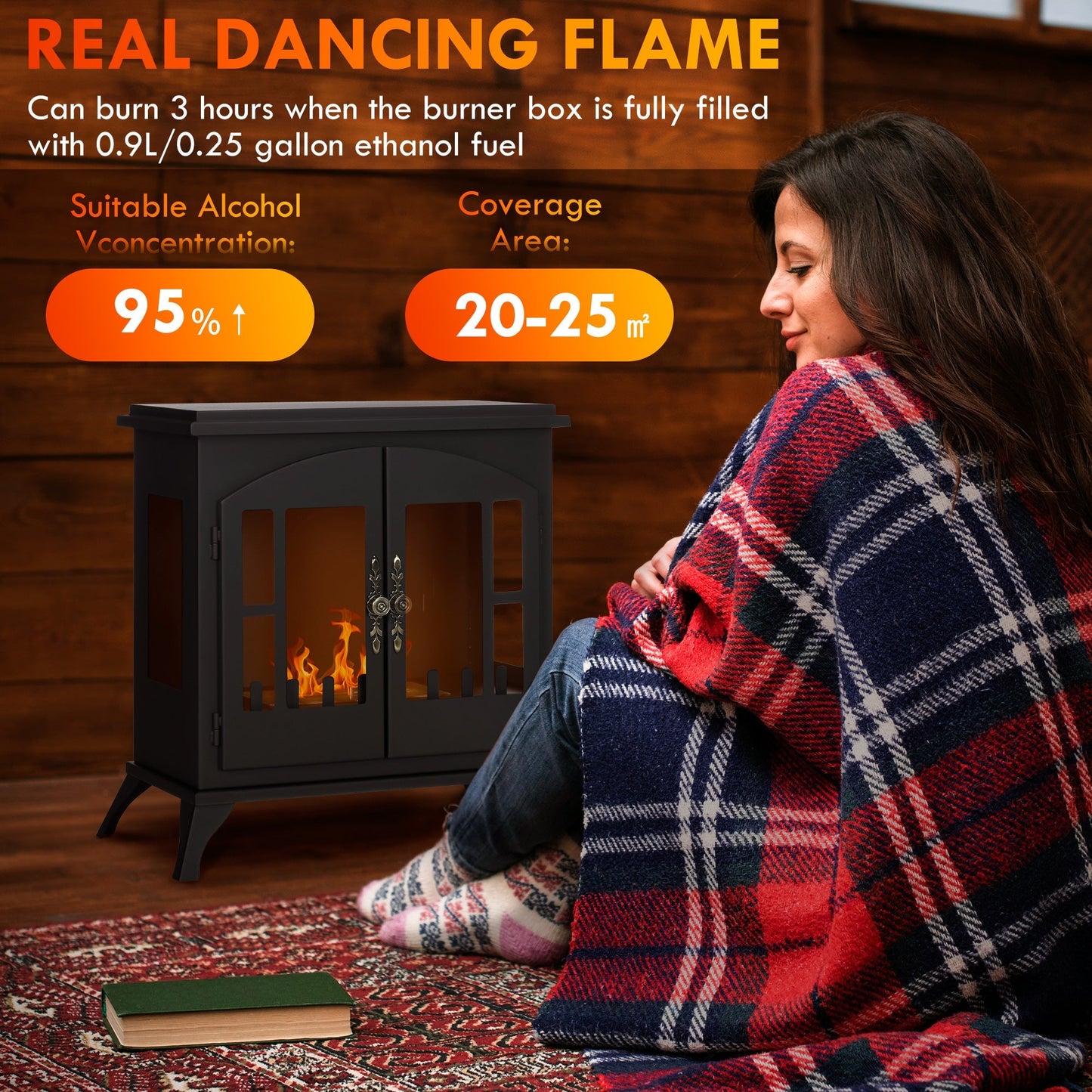 HOMCOM Bioethanol Stove Freestanding Medium-Large 3H Burning Stainless Steel Flame Snuffer for Living Room Black