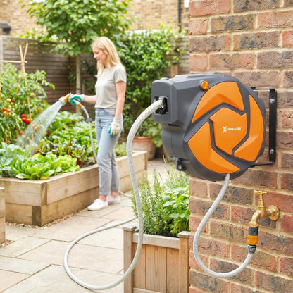 DURHAND 10m Garden Hose Reel Wall Mounted Auto Rewind with 7 Patterns Spray Nozzle, Includes Wall Fixings, Orange