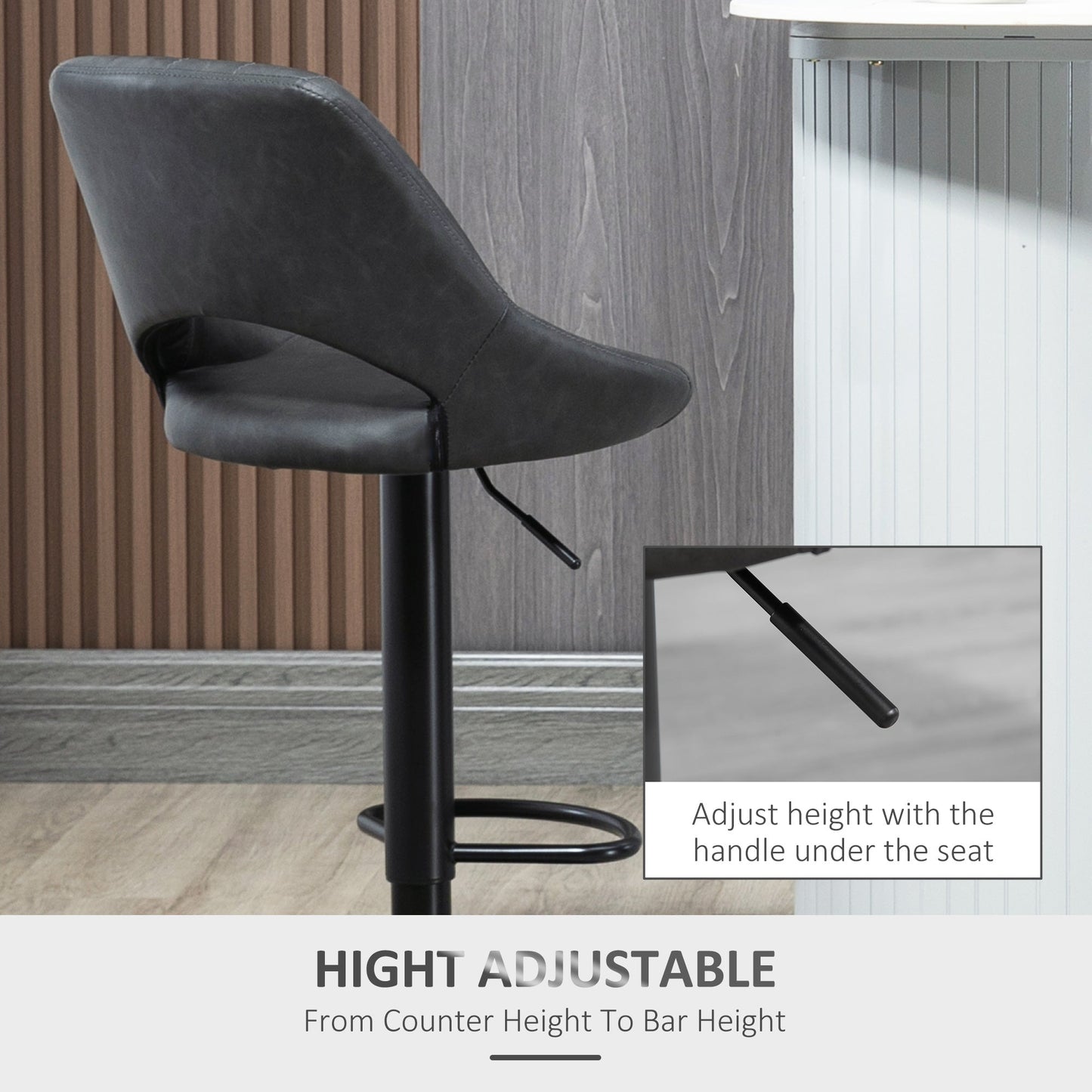 HOMCOM Bar Stools Set of 2, PU Leather Swivel Barstools with Backrest and Footrest for Kitchen, Counter, Breakfast Bar, Grey