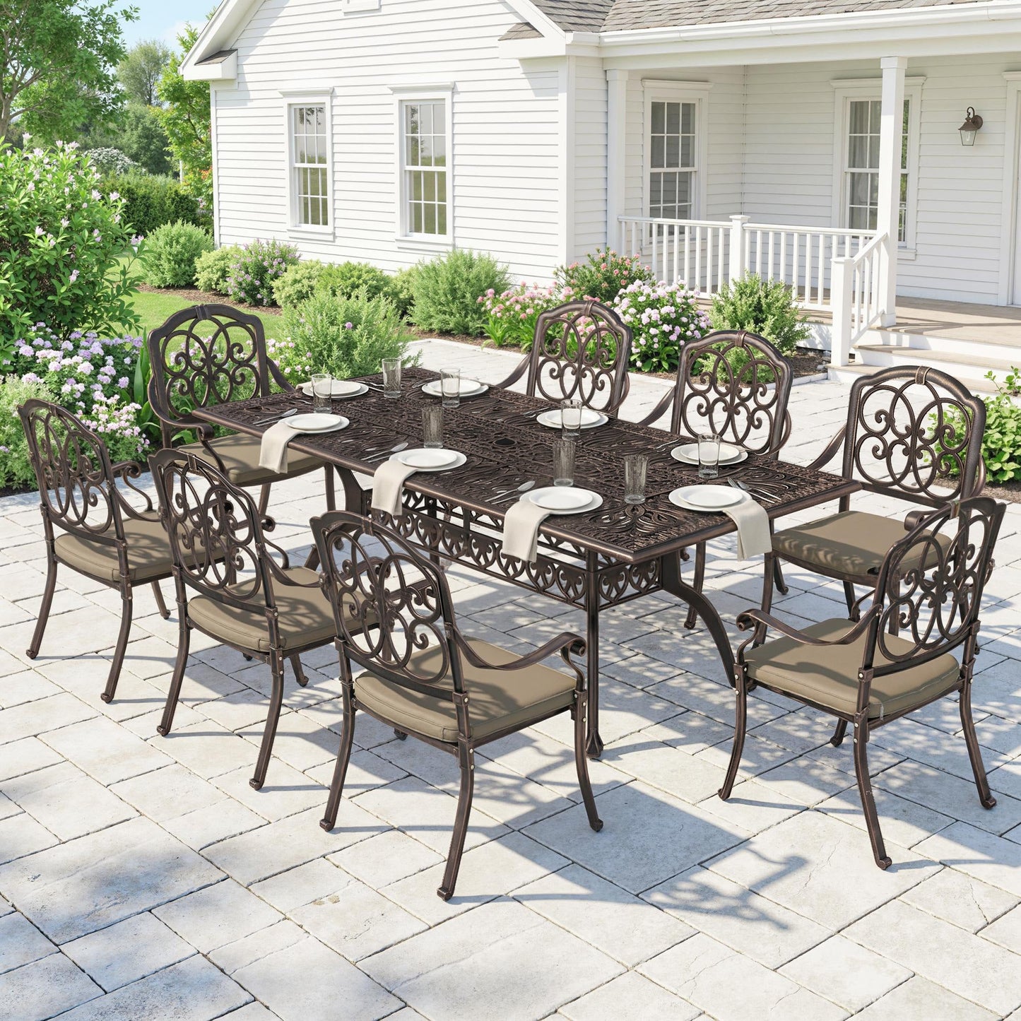 Outsunny 9 Piece Cast Aluminium Garden Dining Set, Garden Table and Chairs Set with Cushions, Parasol Hole for Patio, Bronze Tone