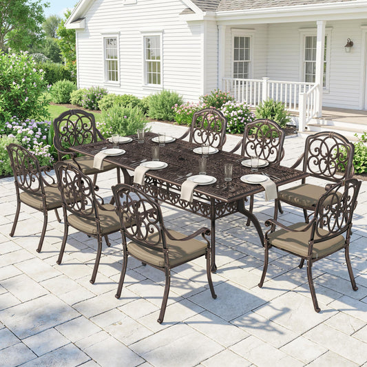 Outsunny 9 Piece Cast Aluminium Garden Dining Set, Garden Table and Chairs Set with Cushions, Parasol Hole for Patio, Bronze Tone