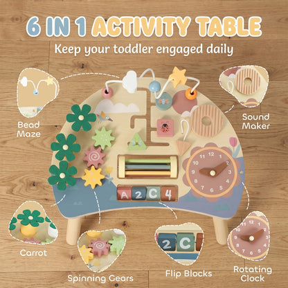 AIYAPLAY Wooden Baby Activity Table for 1-3 Years, 6-in-1 Montessori Activity Table with Gears, Bead Maze, Rotating Clock
