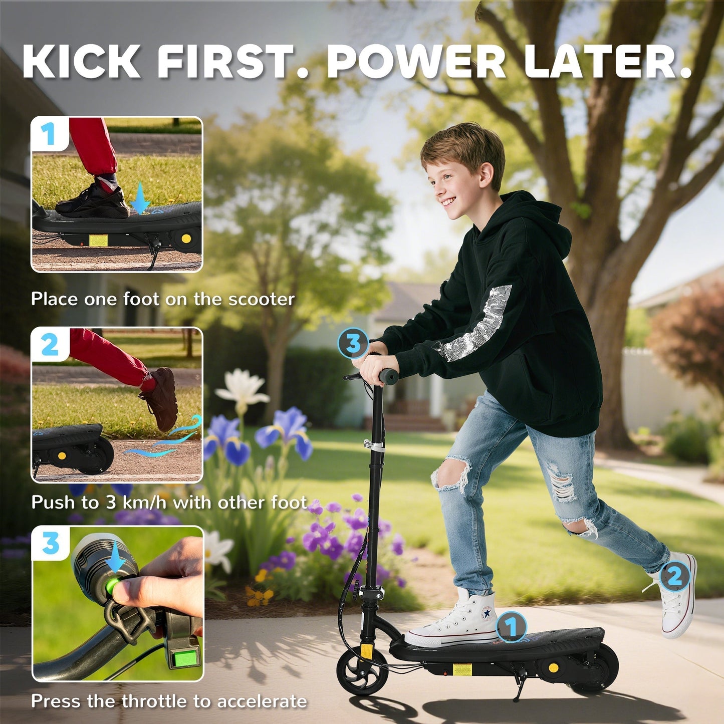 HOMCOM Foldable Electric Scooter, with LED Lights, for Ages 7-14 Years, Black