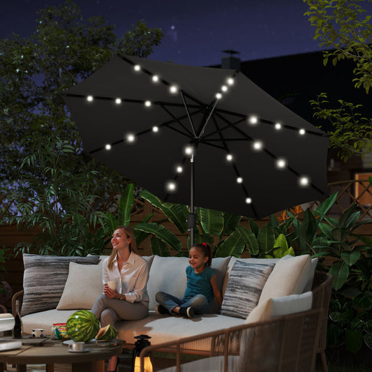 Outsunny 2.7m Garden Parasol Solar Outdoor Tilt Sun Umbrella Patio Sun Shade w/ 24 LED Light, Hand Crank and 8 Ribs, Black