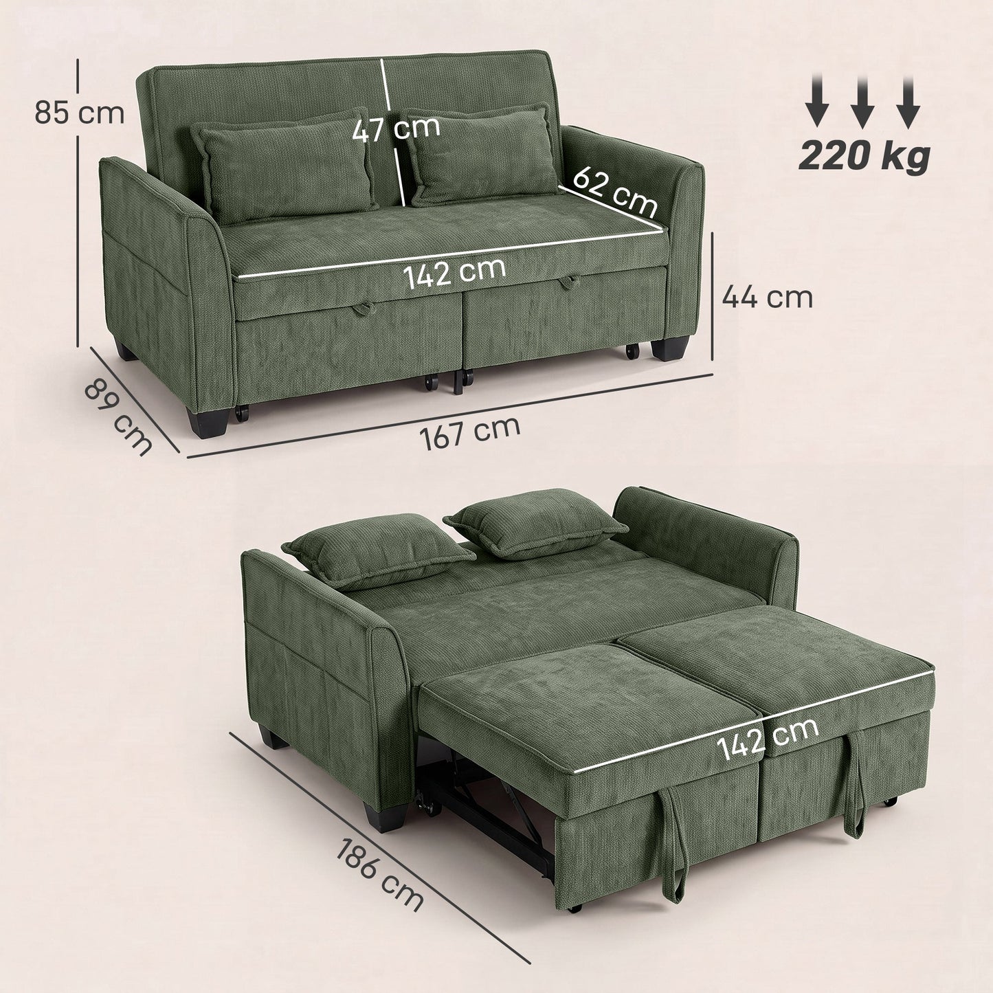 HOMCOM 2 Seater Sofa Bed, 4-in-1 L-Shaped Convertible Pull-Out Sleeper Sofa with Adjustable Backrest Side Pockets, Dark Green