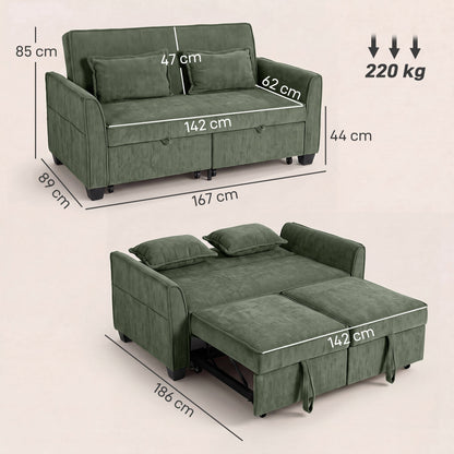 HOMCOM 2 Seater Sofa Bed, 4-in-1 L-Shaped Convertible Pull-Out Sleeper Sofa with Adjustable Backrest Side Pockets, Dark Green