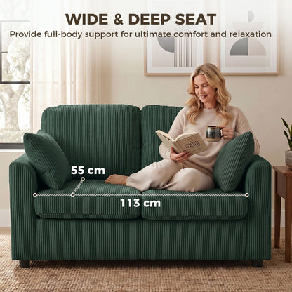 HOMCOM 2 Seater Sofa, Corduroy Small Couch with Spring Cushion, Wide and Deep Seat, Dark Green