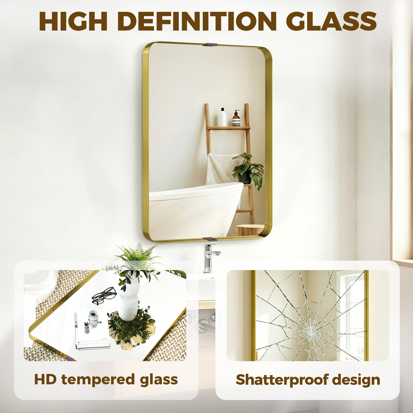 HOMCOM Rectangular Wall Mirror, 90 x 60 cm Wall Mounted Bathroom Mirror w/ Aluminium Alloy Frame and Tempered Glass, Gold Tone
