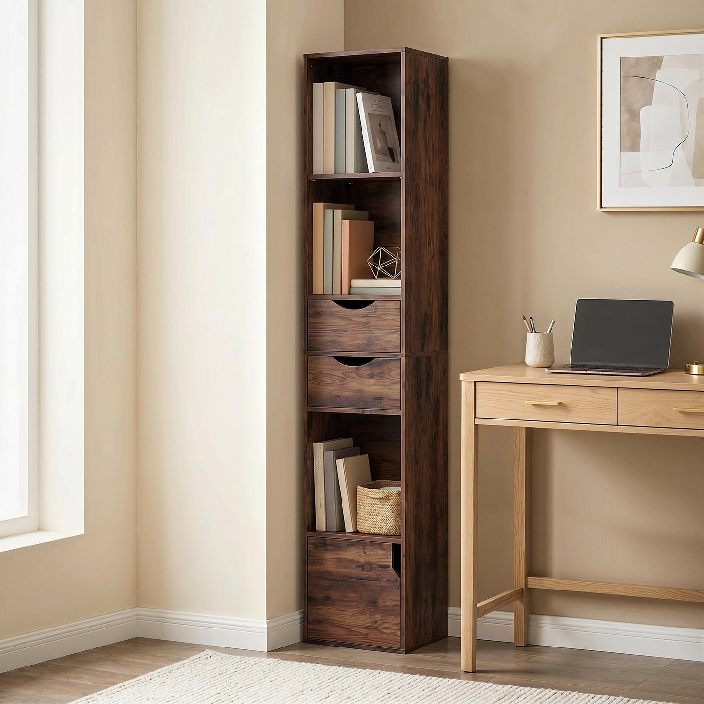 HOMCOM Bookcase with Drawers Adjustable Shelf Bookshelf with 2 Drawers and Cabinet 158 cm Rustic Brown