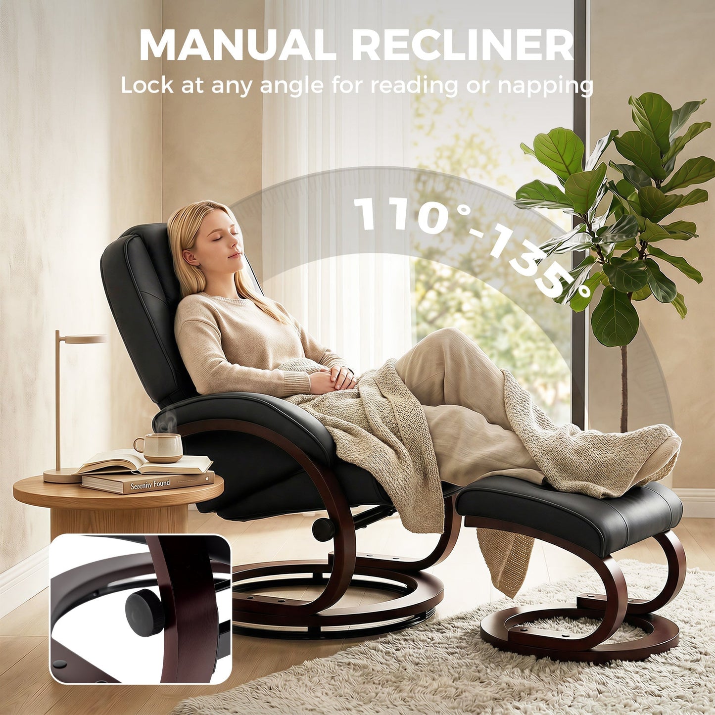 HOMCOM Swivel Recliner Chair with Footstool, PU Leather Recliner Armchair with Adjustable Back and Wood Frame, Black