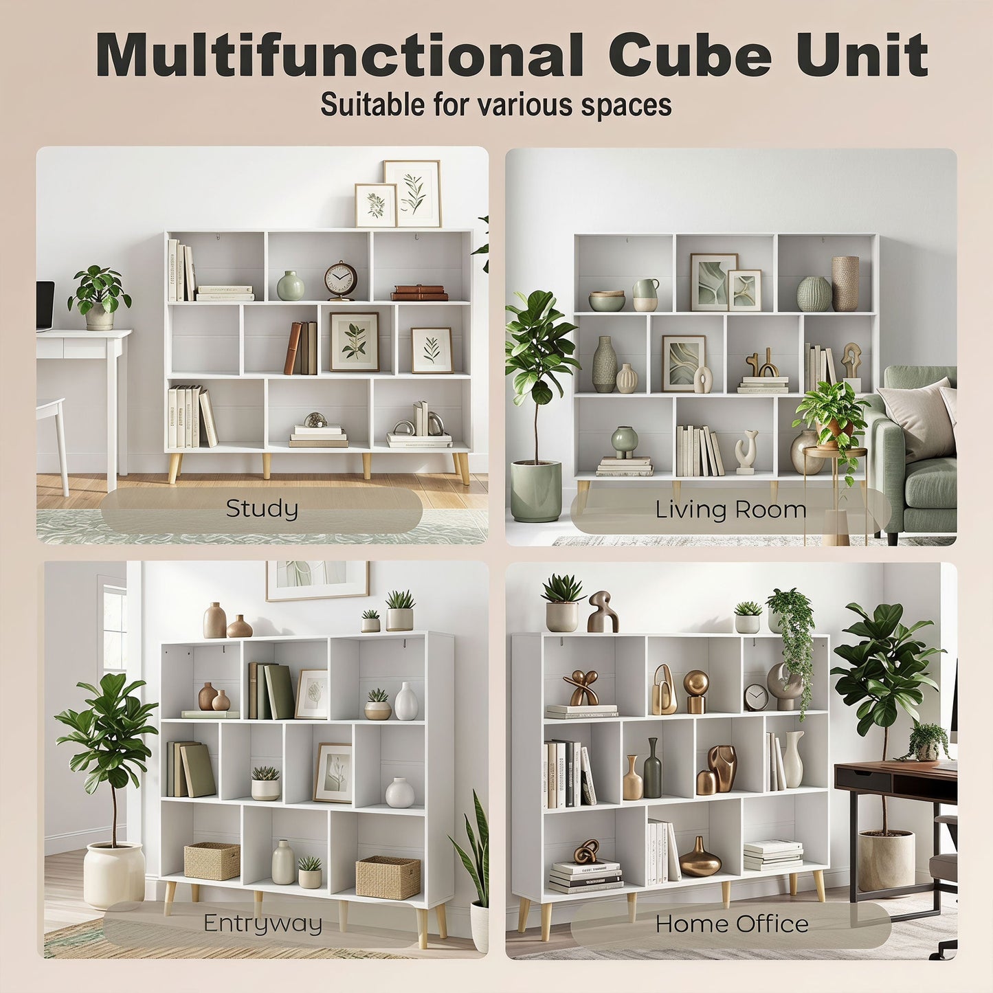 HOMCOM 10-Cube Bookcase, 3-Tier Book Shelf with Solid Wood Legs, 140 cm Modern Bookshelf with Anti-Tip Kit for Bedroom, White