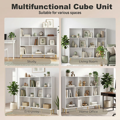 HOMCOM 10-Cube Bookcase, 3-Tier Book Shelf with Solid Wood Legs, 140 cm Modern Bookshelf with Anti-Tip Kit for Bedroom, White
