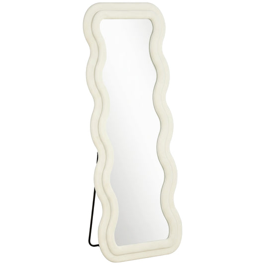 HOMCOM Full Length Mirror, 160 x 60 cm Wavy Full Body Wall Standing Mirror with Velvet Frame and Tempered Glass, Cream White