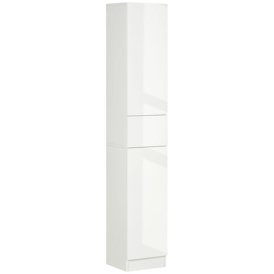 kleankin Luxury Tall Bathroom Cabinet with High Gloss Panel, Sleek White Bathroom Cabinet with Push-to-Open Door, White