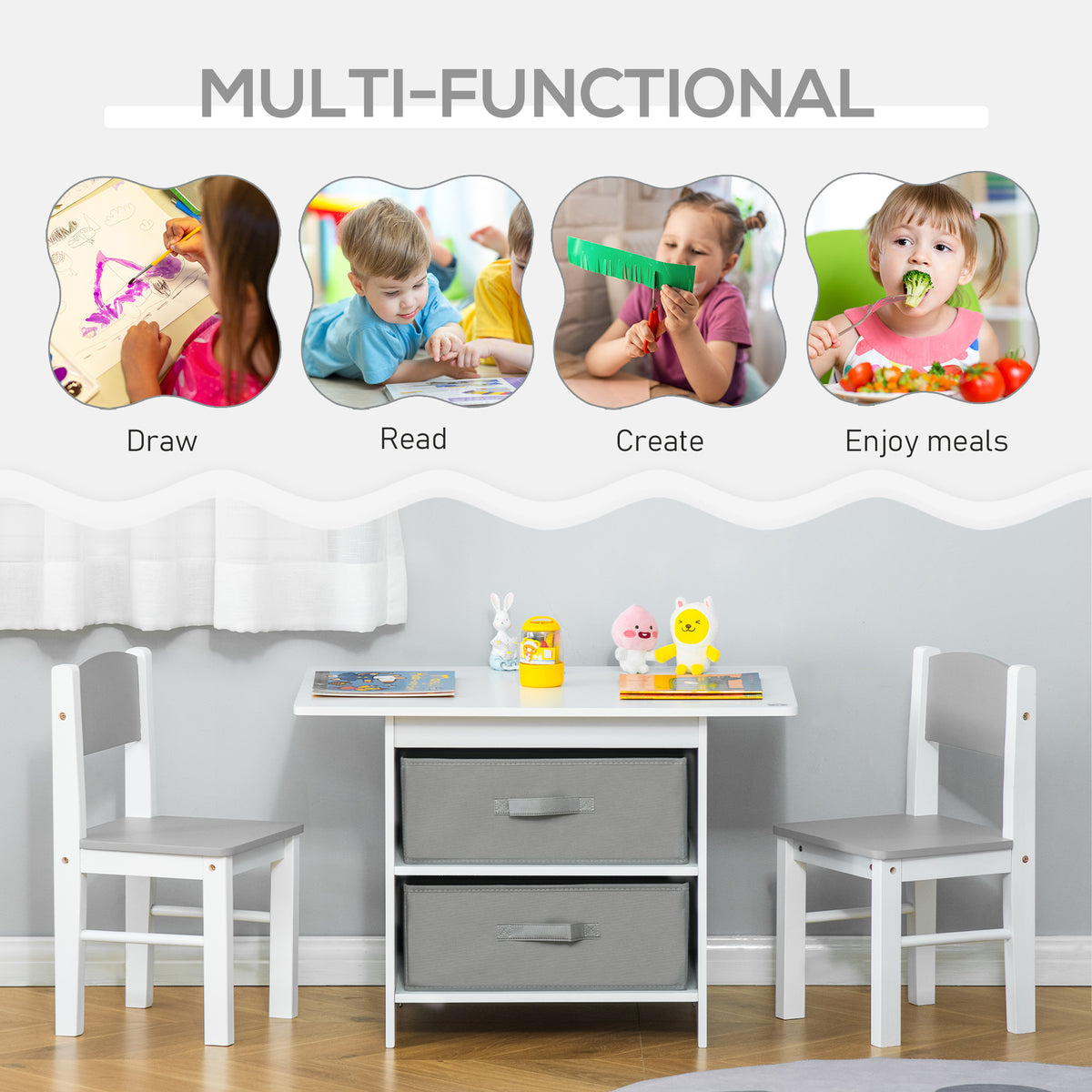 HOMCOM 3 Pcs Kids Table & Chairs Set in Old White