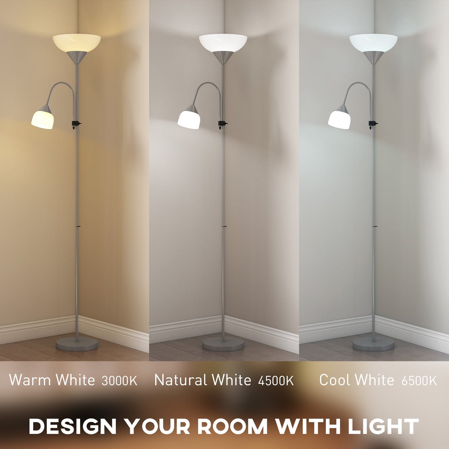 مصباح أرضي HOMCOM LED لغرفة المعيشة، مصباح قائم طويل بطول 180 سم، إضاءة علوية للأم والطفل برقبة مرنة قابلة للتعديل، 3000K/4500K/6500K درجات حرارة الألوان، فضي